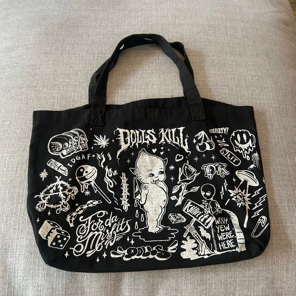 Dolls Kill Y2K Goth Kewpie Graphic Tote Bag Black Emo Punk Grunge